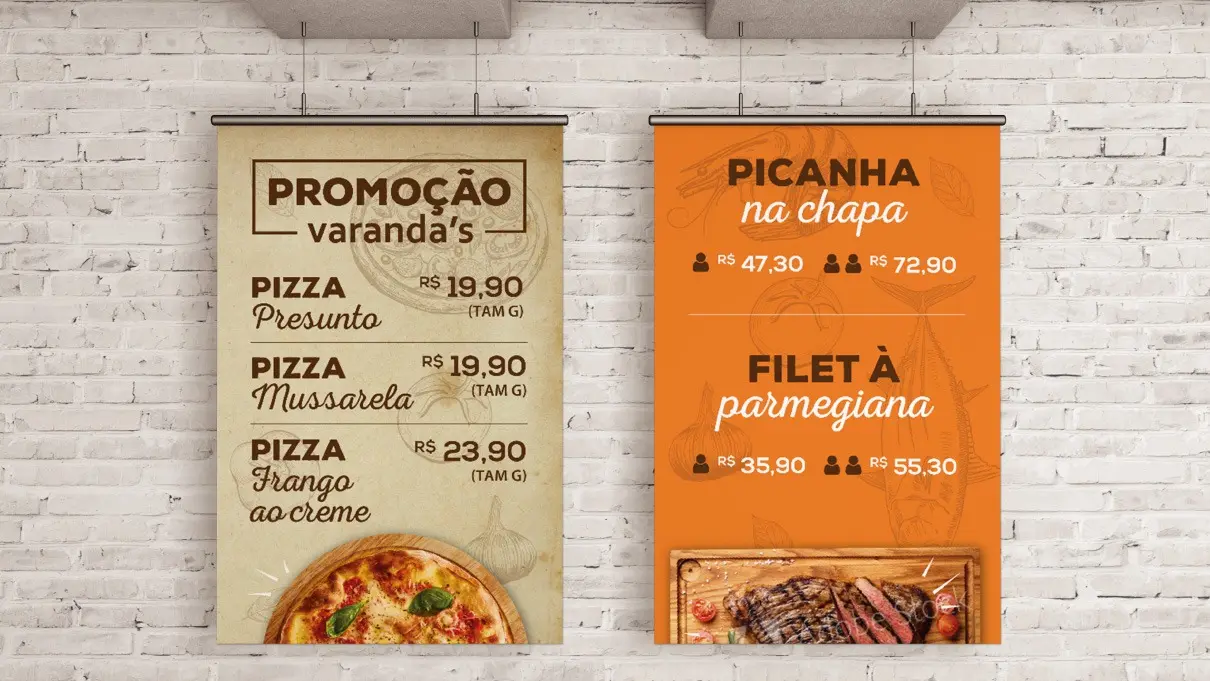 Varanda's – banners de promoção de pizzas, picanha e filé à parmegiana