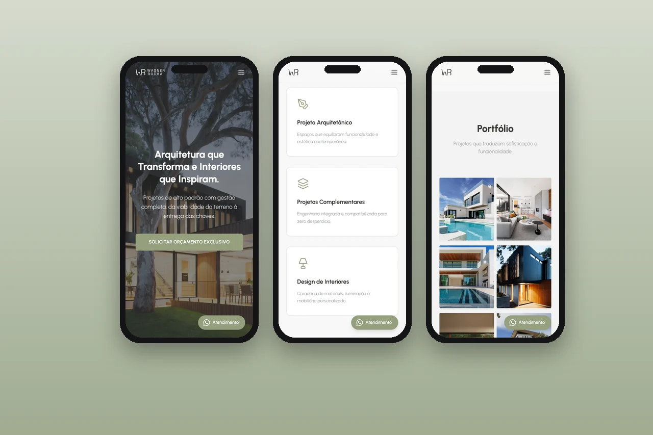 Wagner Rocha Arquitetura – landing page – telas no celular