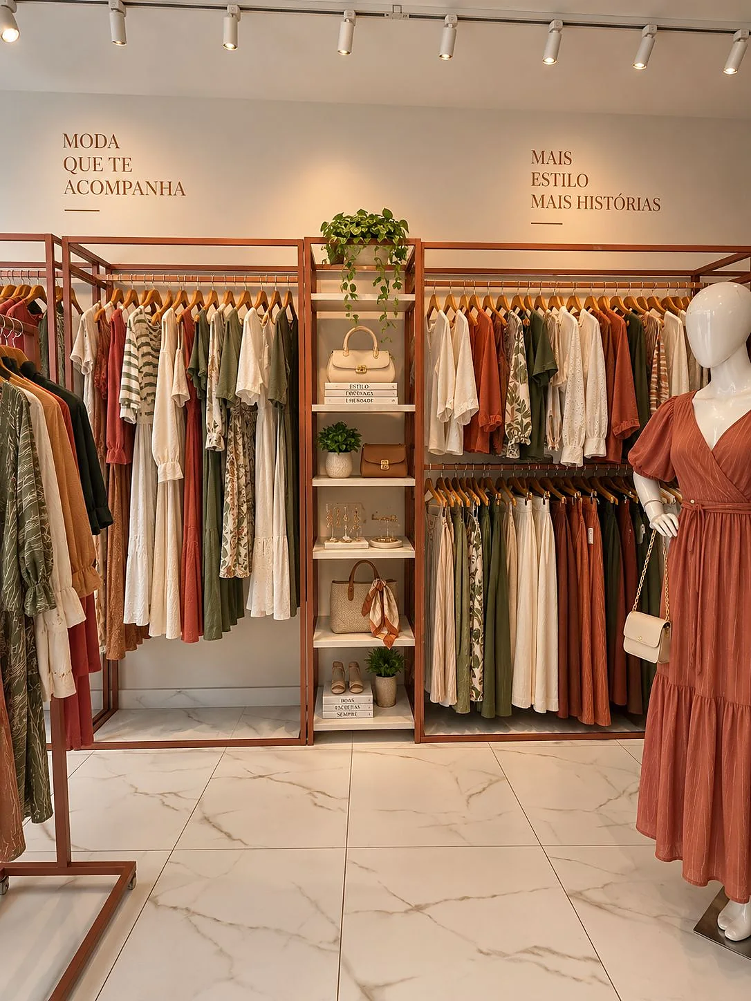 Loja de moda com araras em tons terrosos, prateleira central de acessórios e manequim