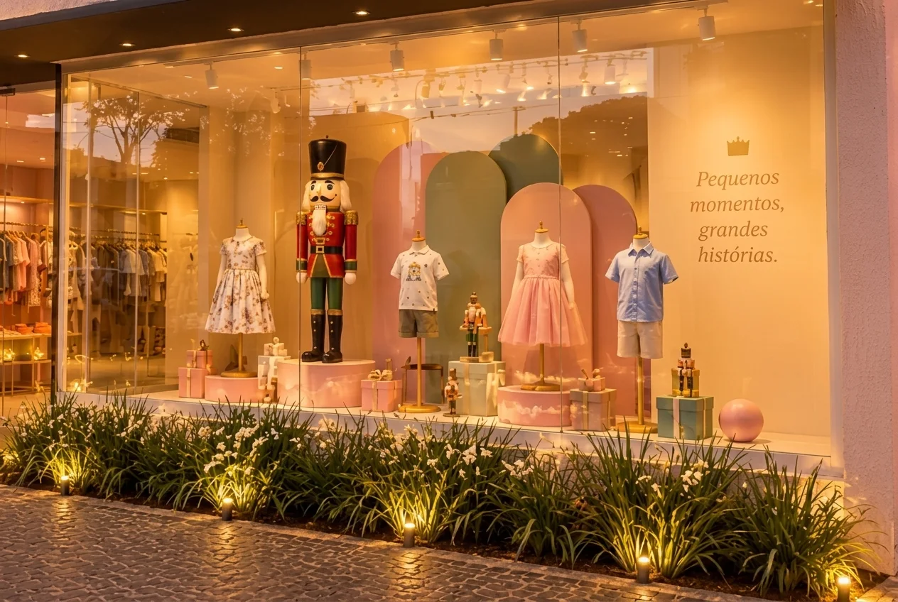 Vitrine natalina da Quebra Nozes com quebra-nozes gigante e manequins infantis