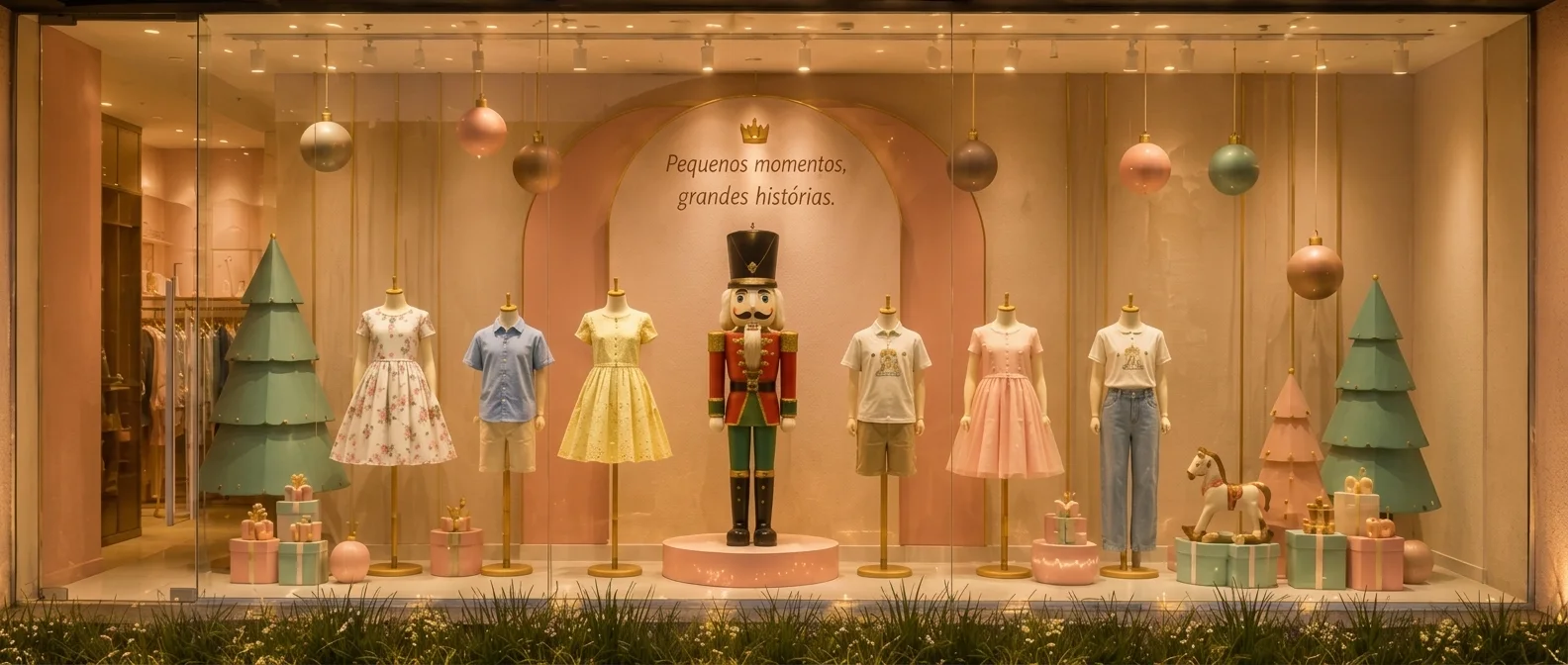 Vitrine de Natal da Quebra Nozes com quebra-nozes ao centro, árvores e bolas em tons pastel