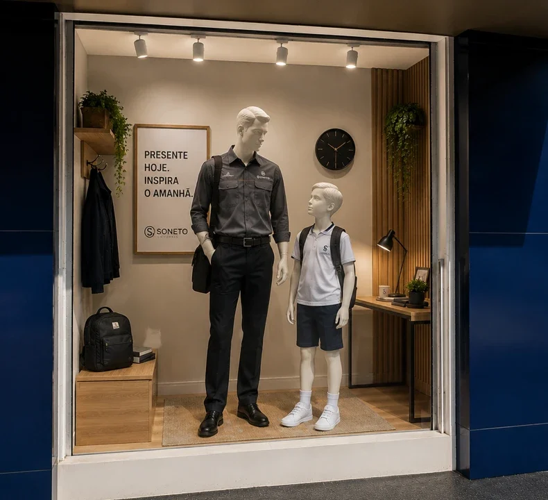 Vitrine da Soneto Uniformes com manequins adulto e infantil