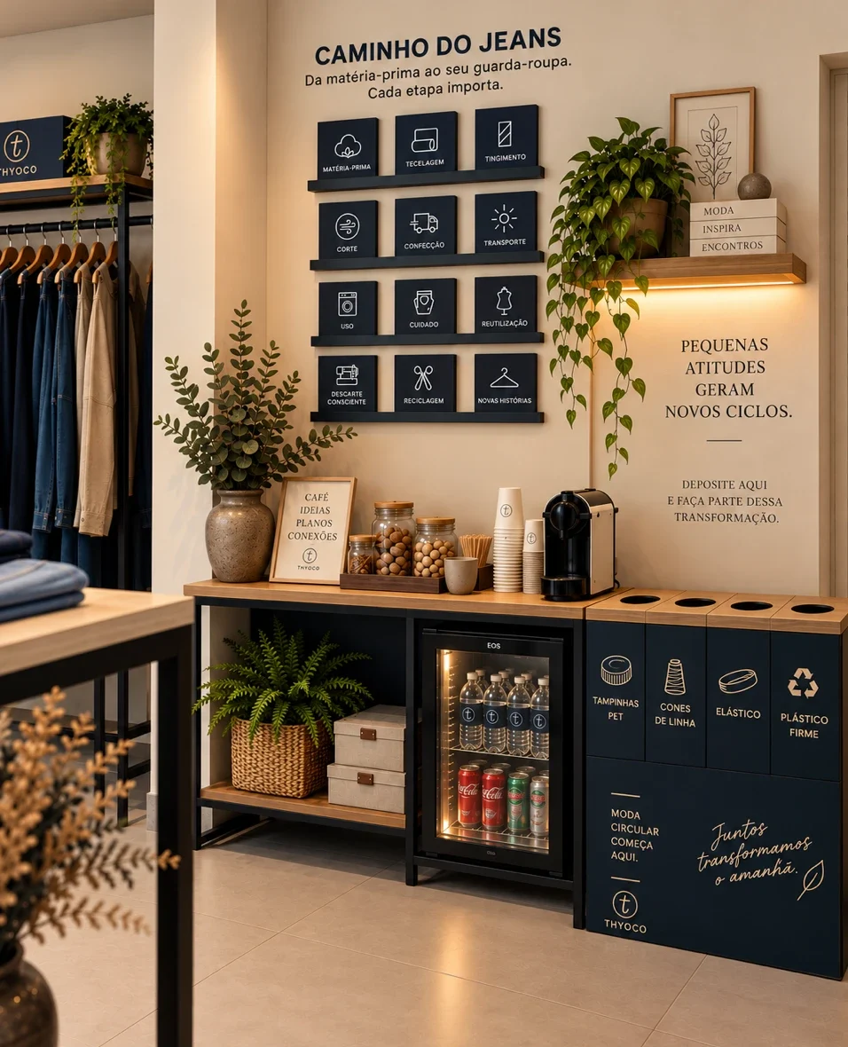 Espaço de café e coletores de reciclagem com a trilha do jeans na Thyoco