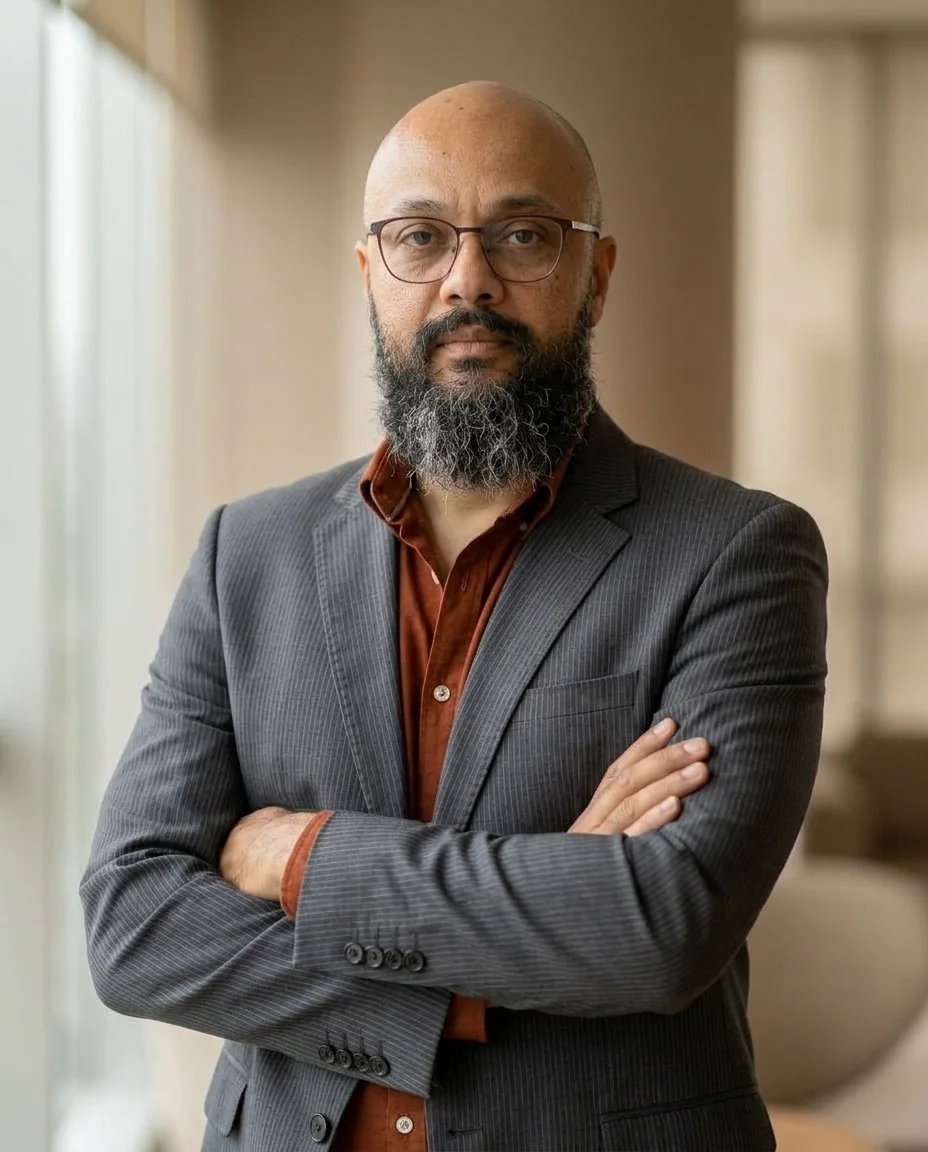 Henricley Lima, fundador da Buffo Design, de braços cruzados, com terno cinza e camisa cor de ferrugem