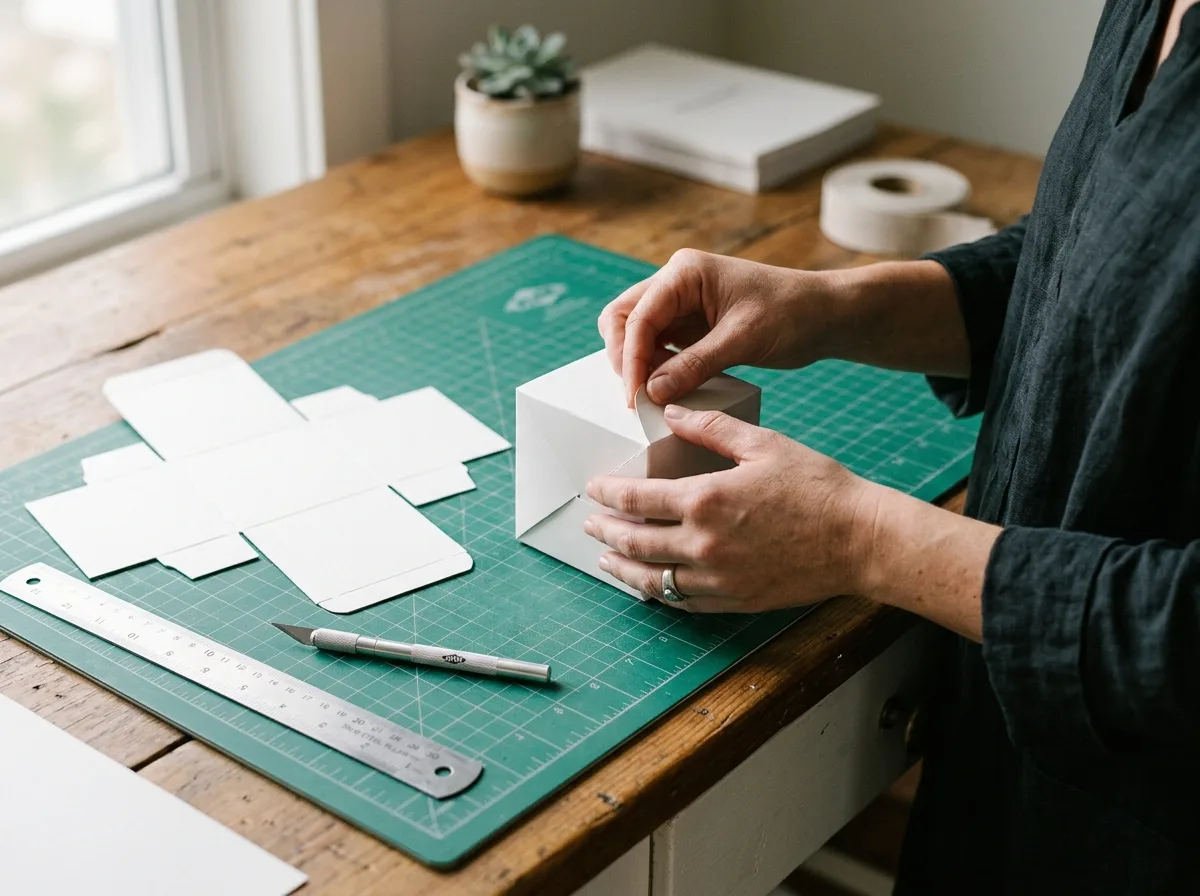 Mãos montando um protótipo de caixa de papel sobre a base de corte, ao lado da faca planificada