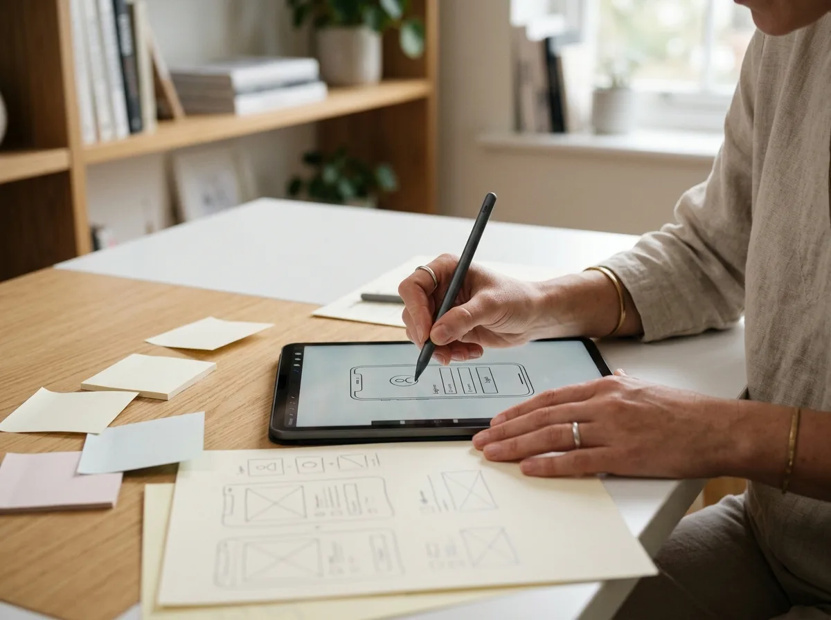 Mãos desenhando wireframes de aplicativo em um tablet, com esboços de telas em papel