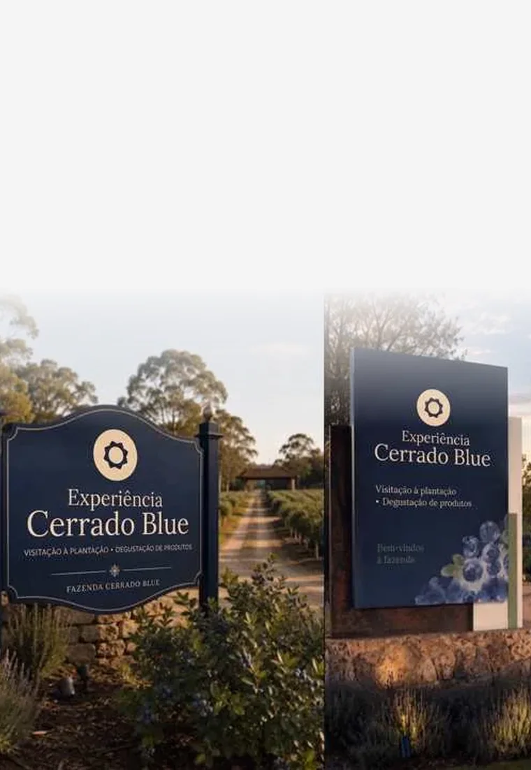 Placa da marca Experiência Cerrado Blue na entrada da fazenda