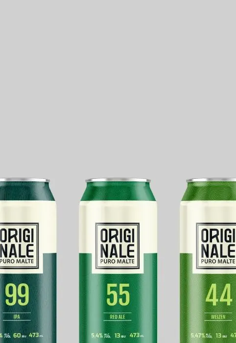 Latas de bebida com design de rótulo criado pela Buffo Design