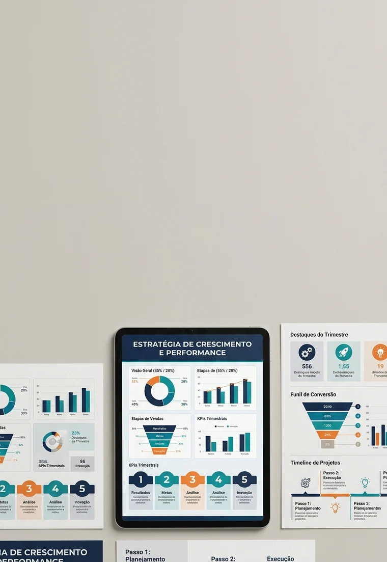 Infográficos com gráficos, funil e linha do tempo em folhas impressas e num tablet