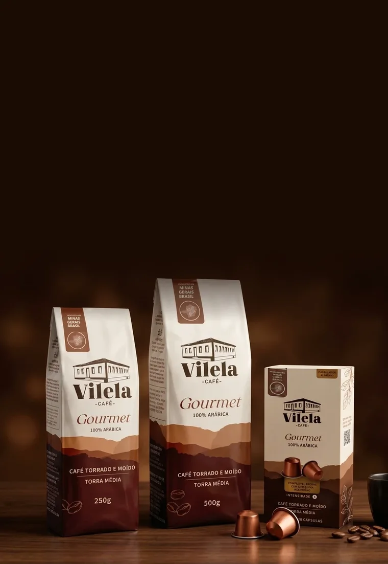 Linha de cafés Vilela Gourmet: embalagens de 250 g, 500 g e caixa de cápsulas