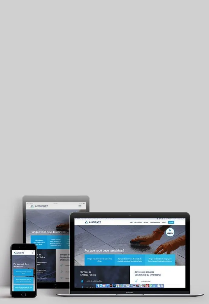 Website responsivo exibido em notebook, tablet e celular