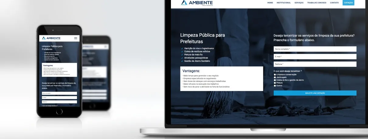 Landing page criada pela Buffo Design exibida em notebook e celular