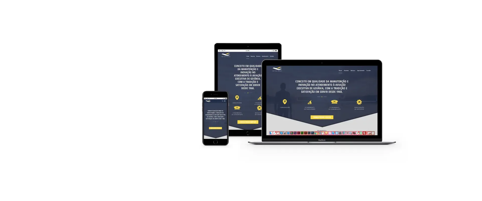 Website responsivo criado pela Buffo Design exibido em notebook, tablet e celular