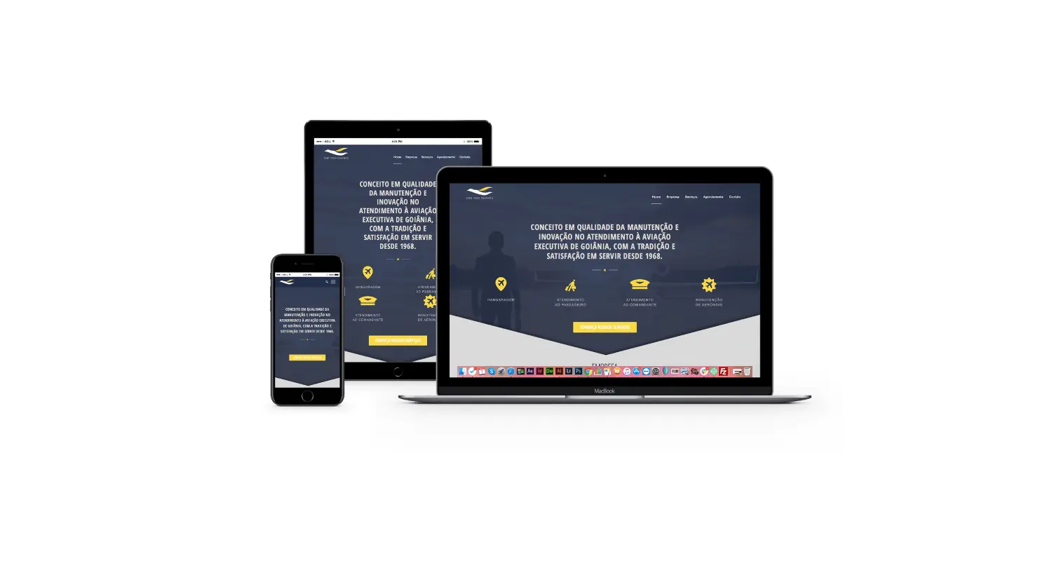 Website responsivo criado pela Buffo Design exibido em notebook, tablet e celular
