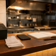 Balcão de restaurante organizado com smartphone e comandas para ilustrar pedidos no WhatsApp
