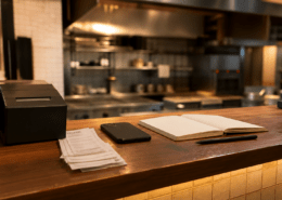 Balcão de restaurante organizado com smartphone e comandas para ilustrar pedidos no WhatsApp