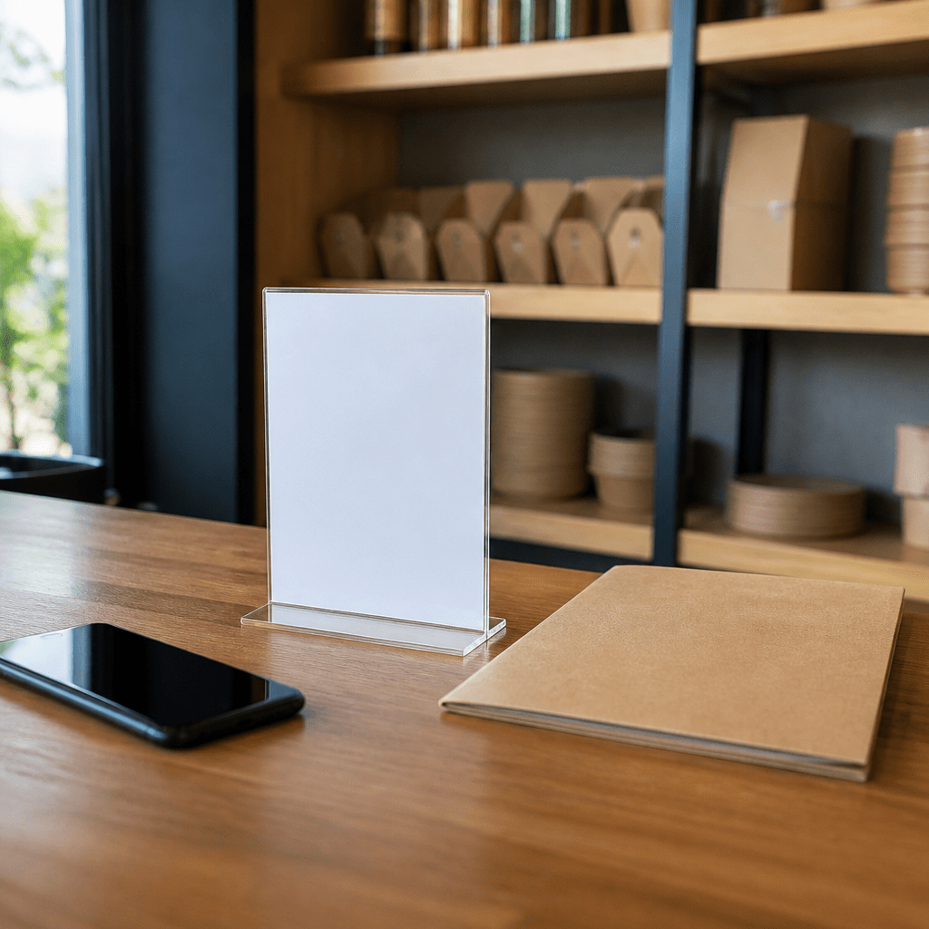 Mesa de atendimento em restaurante com celular e materiais neutros para ilustrar cardápio digital