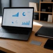 Mesa de trabalho com notebook e documentos sugerindo portal do cliente com login