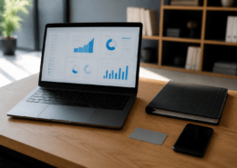 Mesa de trabalho com notebook e documentos sugerindo portal do cliente com login