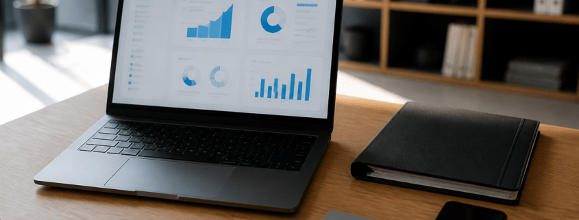 Mesa de trabalho com notebook e documentos sugerindo portal do cliente com login