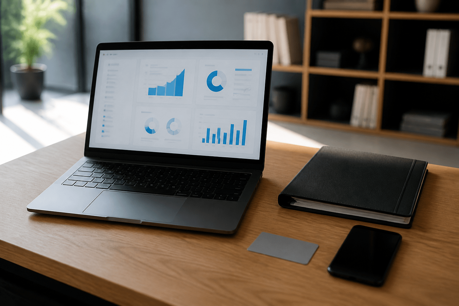 Mesa de trabalho com notebook e documentos sugerindo portal do cliente com login
