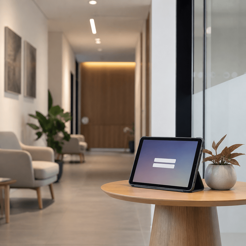 Tablet em mesa com tela genérica de login ilustrando área do cliente